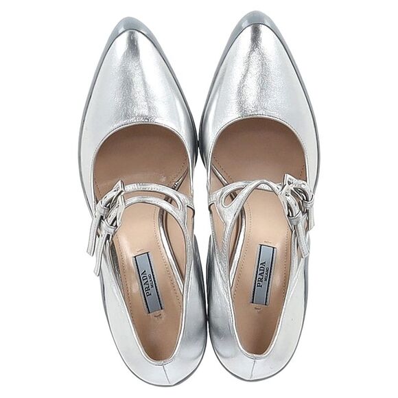 Prada Double Strap Mary Jane Block-Heeled Pumps in Silver Leather - Picture 8 of 12